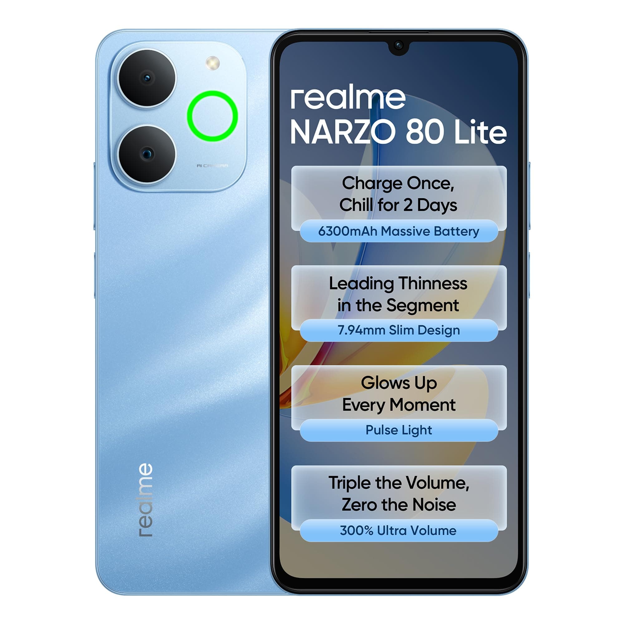 realme narzo 80 Lite (See Blue,4GB+64GB) 2026 | 6300mAh Segment's Biggest Battery | 7.94mm Slim Design | 300% Ultra Volume | Pulse Light: 9 Colors, 5 Glow Modes | Ai Assist