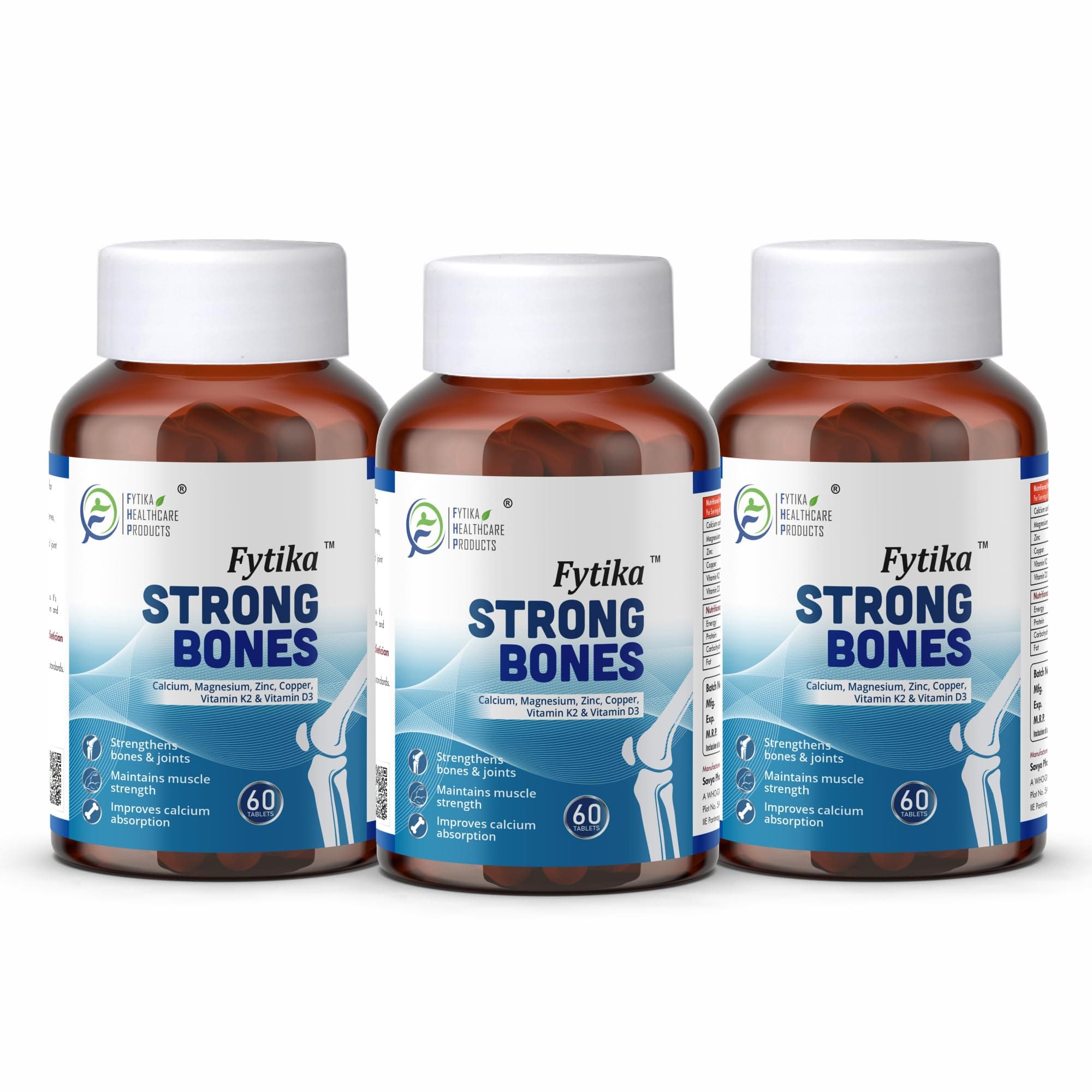 Fytika Strong Bones - Set of 3 (180 Tabs) | Calcium 1000mg + Vitamin D3 400IU Supplement with Magnesium,Zinc,Coper & Vitamin K2 for Complete Bone,Joint & Muscle Health - Women and Men