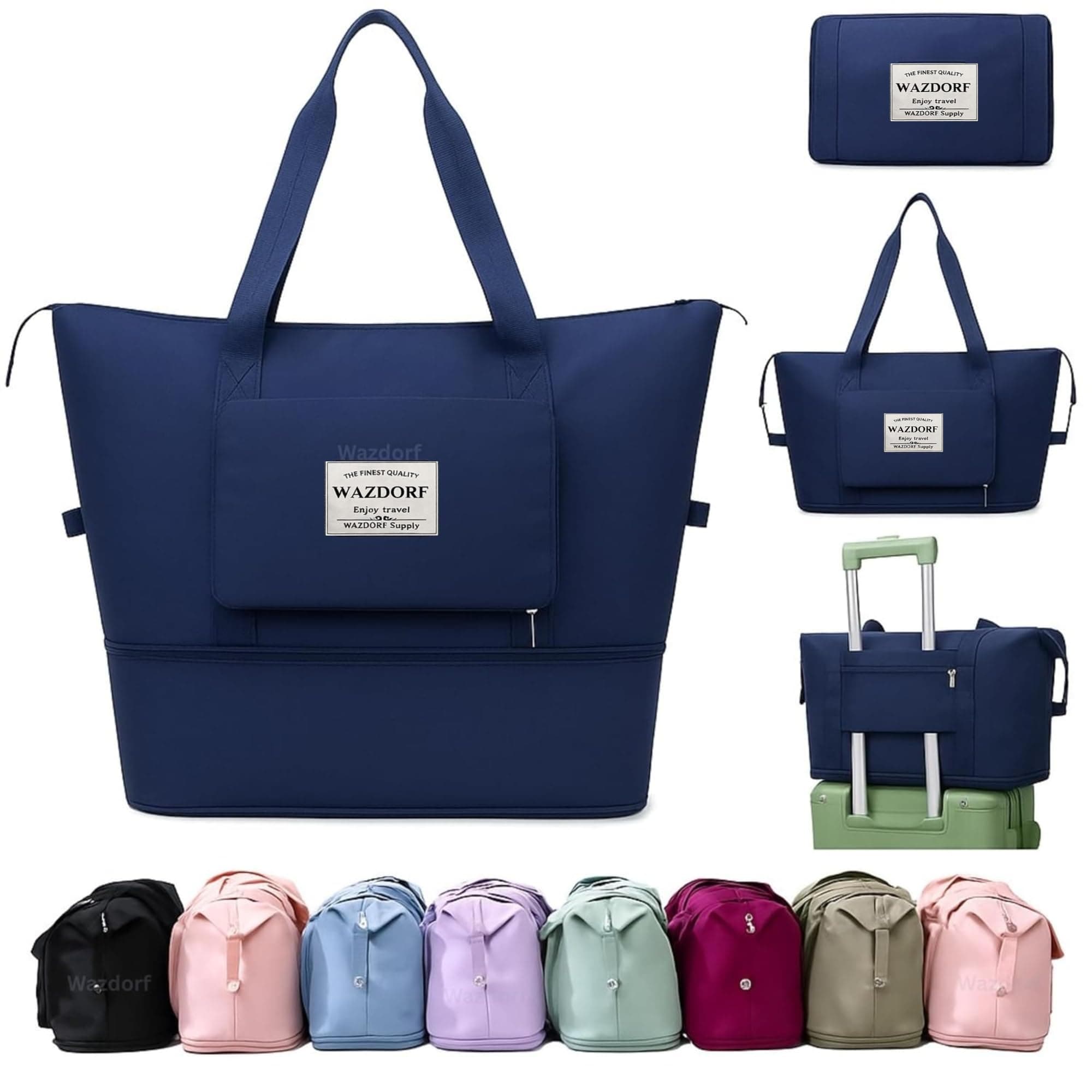 Wazdorf Nylon 41 Liter Expandable Travel Bags for Women, Duffle Bags for Women Luggage, Foldable Vanity Traveling Bag, Waterproof Hand Bag for Ladies Personal Items (Blue) 25 cm