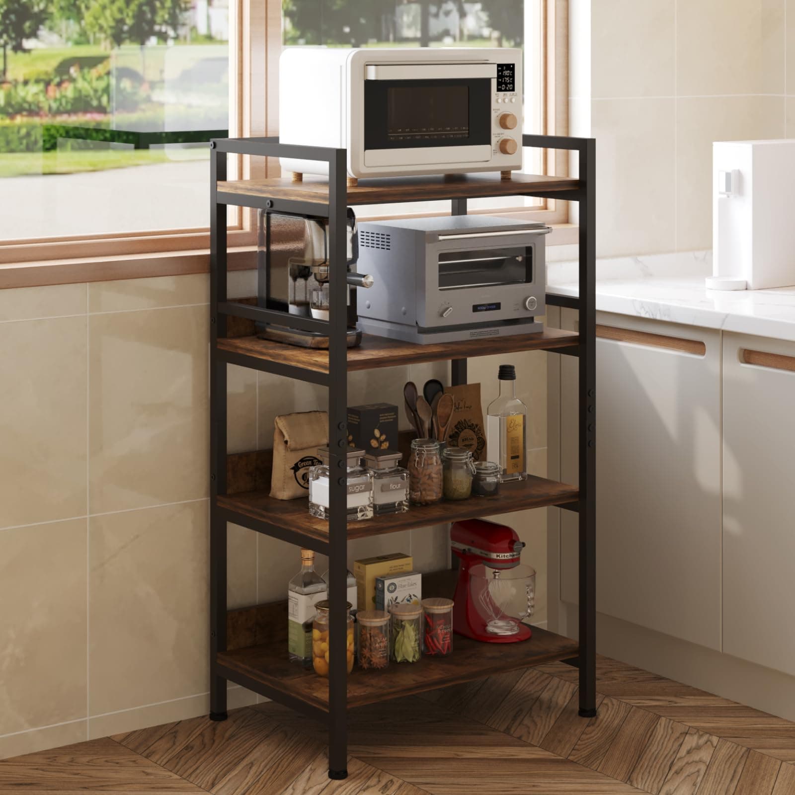 HOME CUBE 4-Tier Metal Storage Shelf with Wooden Shelves, Kitchen Organizer Rack, Microwave Stand, Bookshelf, Standing Shelf Units, Multipurpose Storage Rack for Living Room, Office, Garage, Shops