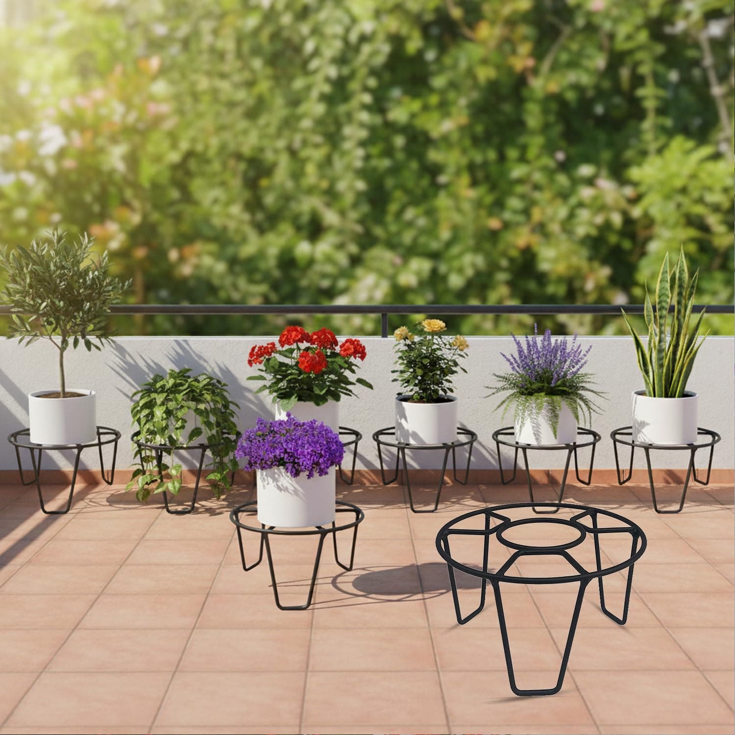 Oriley Plant Round Stand Galvanised Metal Flower Pot Holder Indoor Gamla Support Corner Rack Outdoor Display Shelf for Home Garden Balcony Decoration - (Pack of 8, Black)