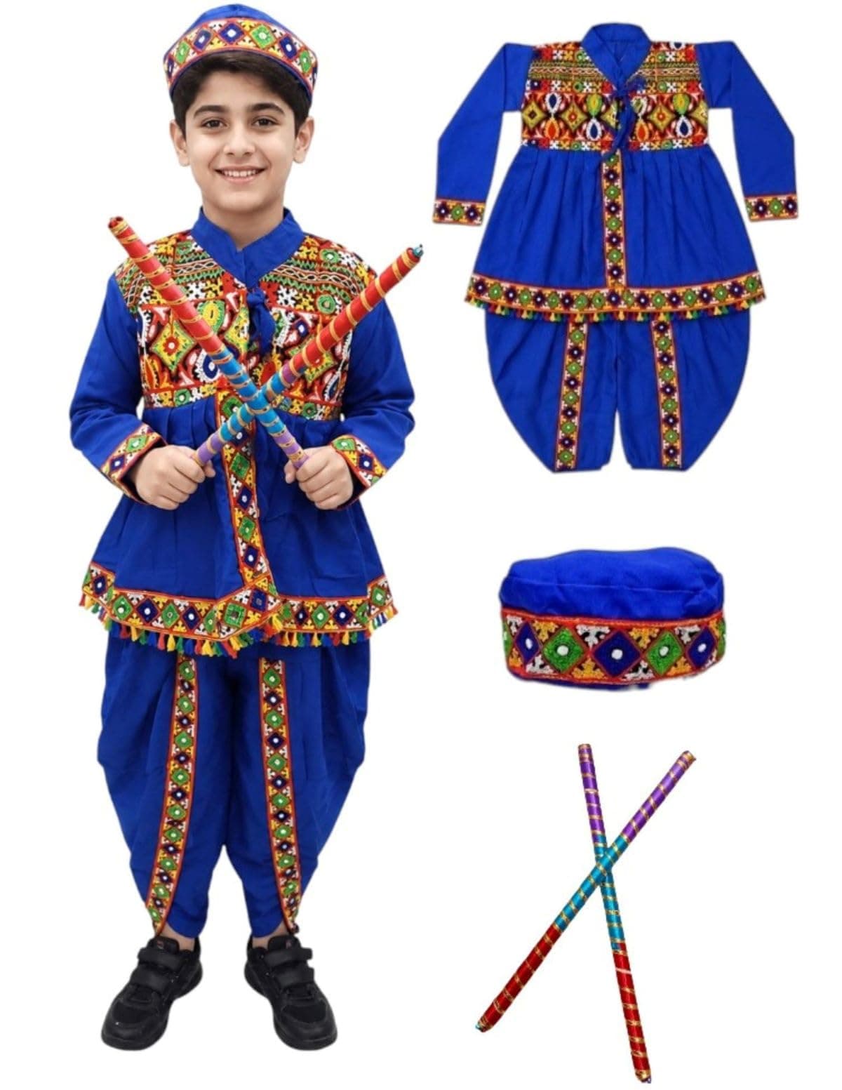 BookMyCostume Blue Gujarati Kedia With A Pair of Dandiya Sticks Combo – Traditional Outfit for Navratri & Festivals | Gujarat Fancy Dress Costume For Kids & Adults 9-10 Years