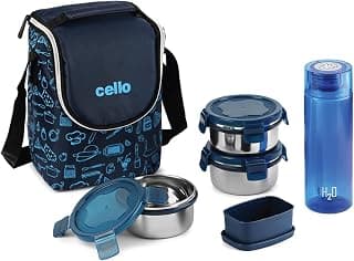CELLO Complete Meal Lunch Box Set with Jacket for Office Use Blue | 3 x 300ml Steel Container, 1 x 130ml Pickle Container, 500ml Water Bottle with Spoon & Fork | Airtight Tiffin Box Set for Daily Use