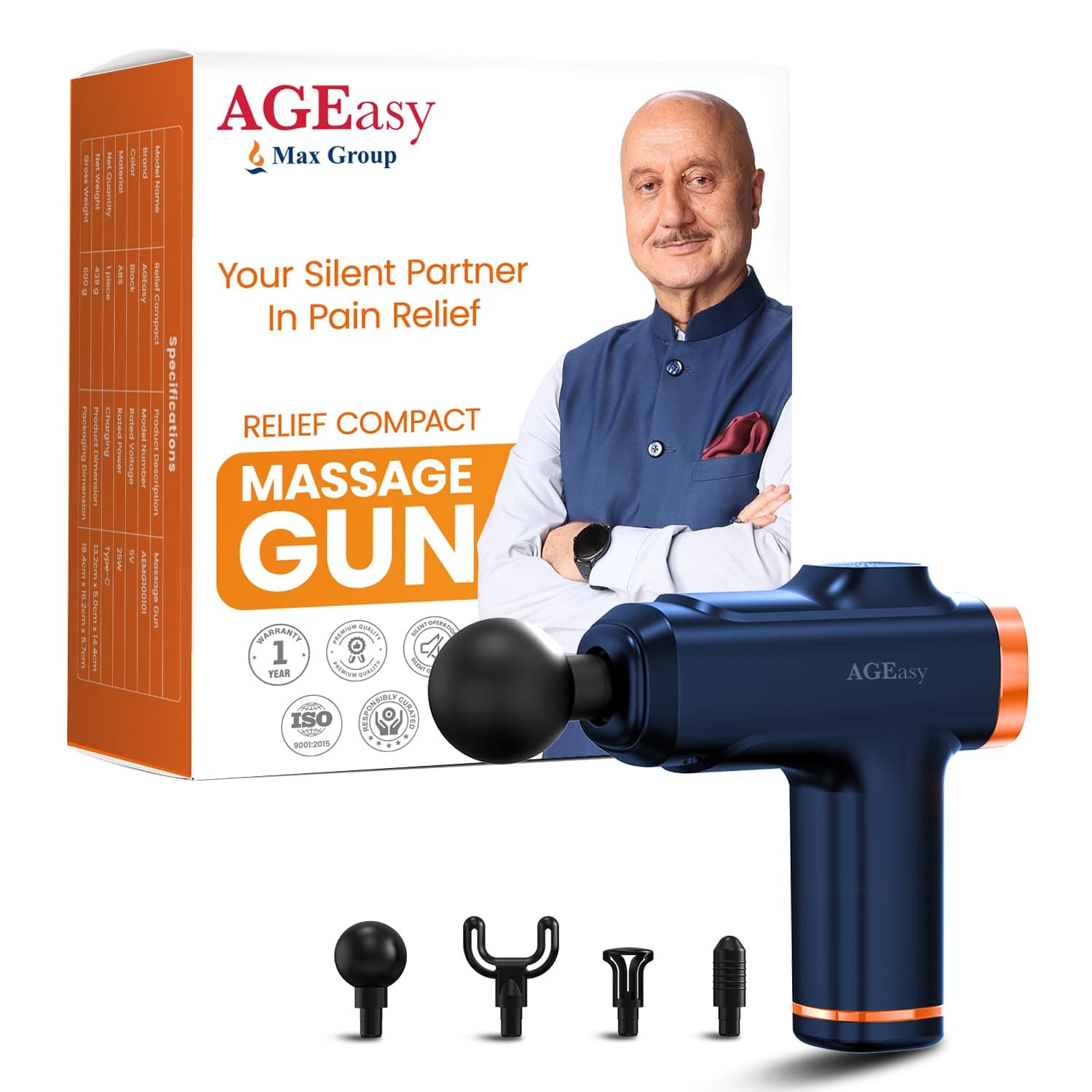 AGEasy (Max Group) Relief Compact Massage Gun | 8 Speed Levels, 4 Massage Heads | USB Type-C Rechargeable Handheld Massager | Full Body Pain Relief Muscle Massage Machine for Men & Women (Blue)