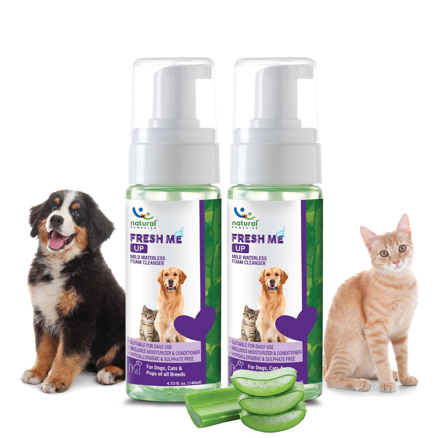 Natural Remedies Fresh Me Up Mild Waterless Foam Cleanser Dry Shampoo for Dogs, Cats of All Breeds, Moisturizer & Conditioner, Pet Grooming, Lick Safe, Hypoallergenic, Sulfate Free, 140 ml (Pack of 2)