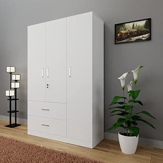 VIKI Wardrobe | Wooden Almirah for Clothes,Door for Bedroom, 3 Door Wardrobe with Drawer & Hanging Space (Frosty White - 40D x 120W x 180H) | 1 Year Warranty | Free Assembly