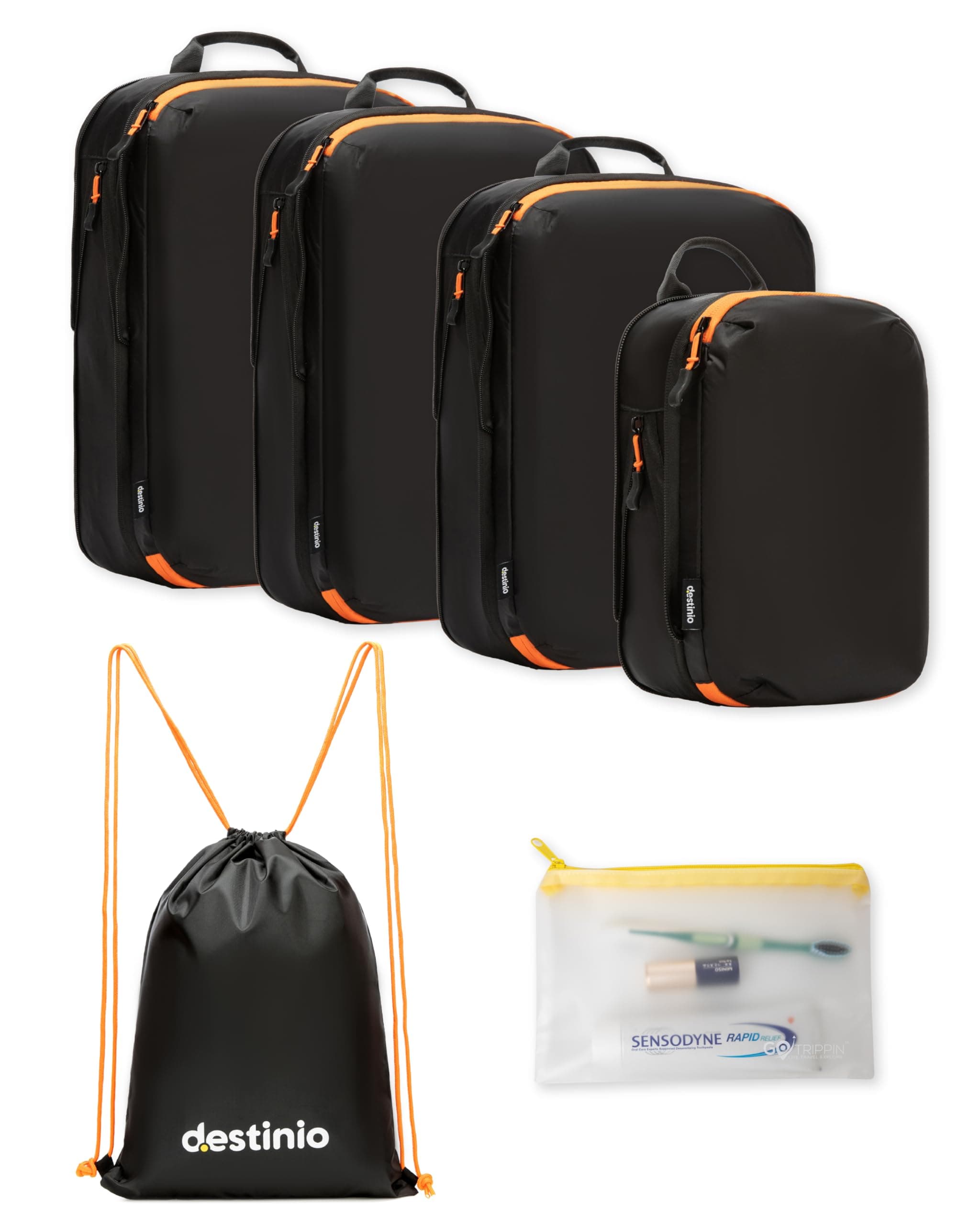 Destinio Compression Packing Cubes for Travel, 6 in 1 Water Resistant Travel Organizer Pouch Set (4 Cubes+ Drawstring Bag+ Cosmetic Pouch), Luggage Suitcase Wardrobe Bags for Clothes Shoes (Black)