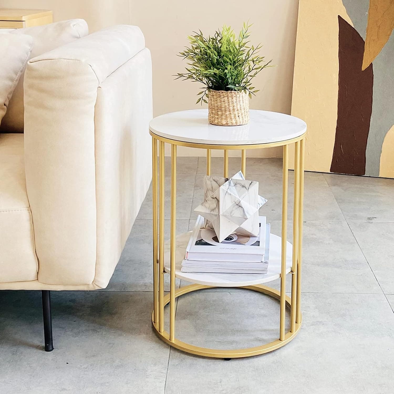 NEST NATURE HAVEN Round Side Table Corner End Table for Living Room Bedside Mid Century Modern Coffee Table or Circle Accent Table for Small Spaces Metal Nightstand (Golden and White)