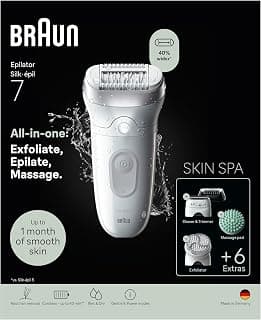 Braun Silk·épil 7 SkinSpa, All-in-One Set, Epilator with Wide Head for Easy Hair Removal, Wet & Dry, Lasting Smooth Skin, Includes Massage Pad, Shaver Head and Trimmer Comb, 7-081, Silver