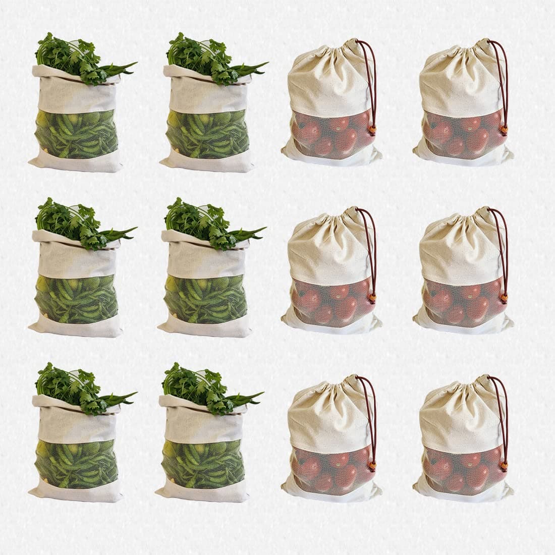 Fab Ellite Cotton Vegetable Bags Fridge Storage Bag Sabji Fruits Pouch Refrigerator Produce bags Clothe Muslin Reusable Washable with Drawstrings (Beige, Pack of 12)