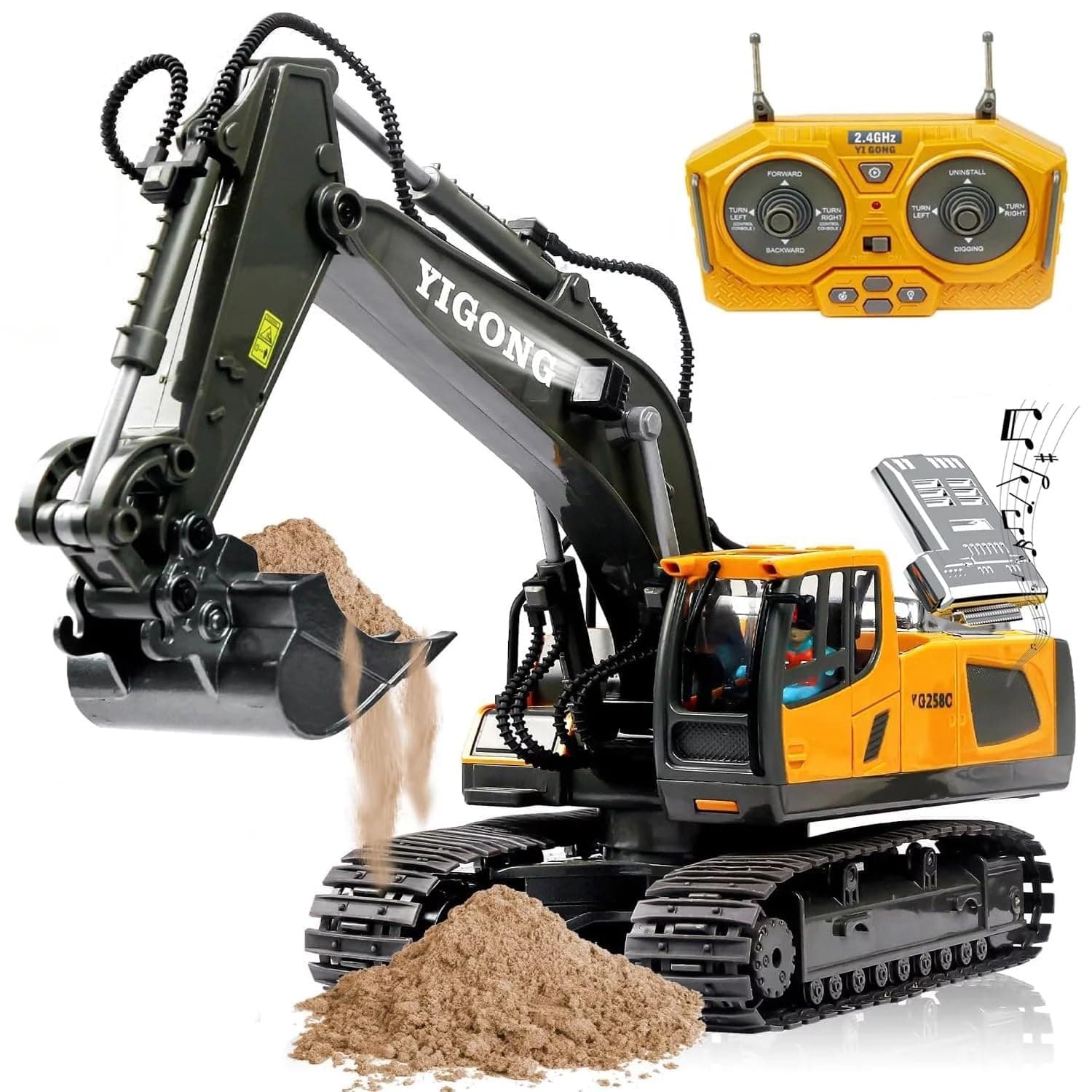 JETRA Remote Control Excavator RC Digger Toy for Boys,11 Channel Hydraulic Excavator Turns 680 Degree,Construction Toys with Metal Shovel, Lights,Sounds,1 Rechargeable Batteries