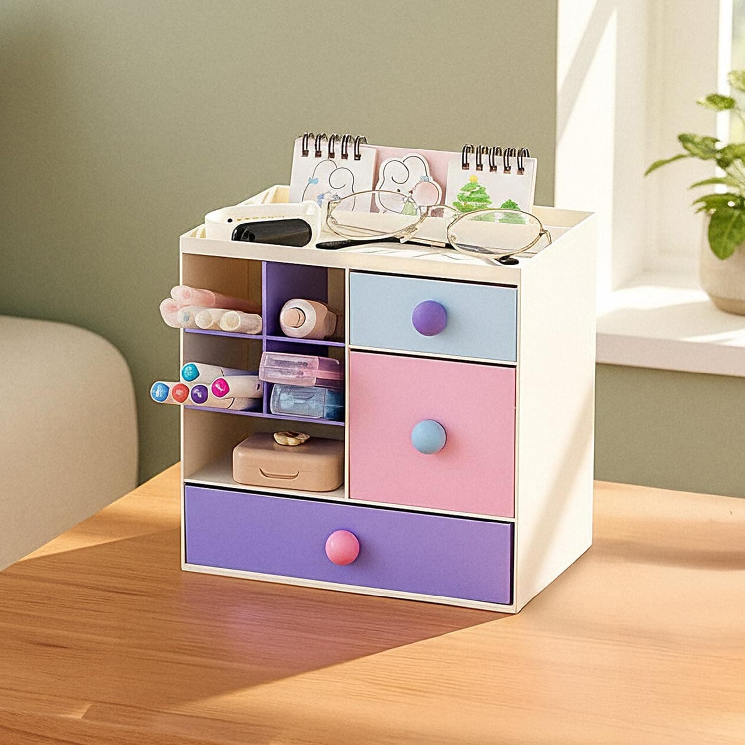 Amazon Basics Multi-Compartment Desk Organiser | 10 Compartments | 20.5 × 14.3 × 19.9 cm | Cream | Plastic | Handles Included