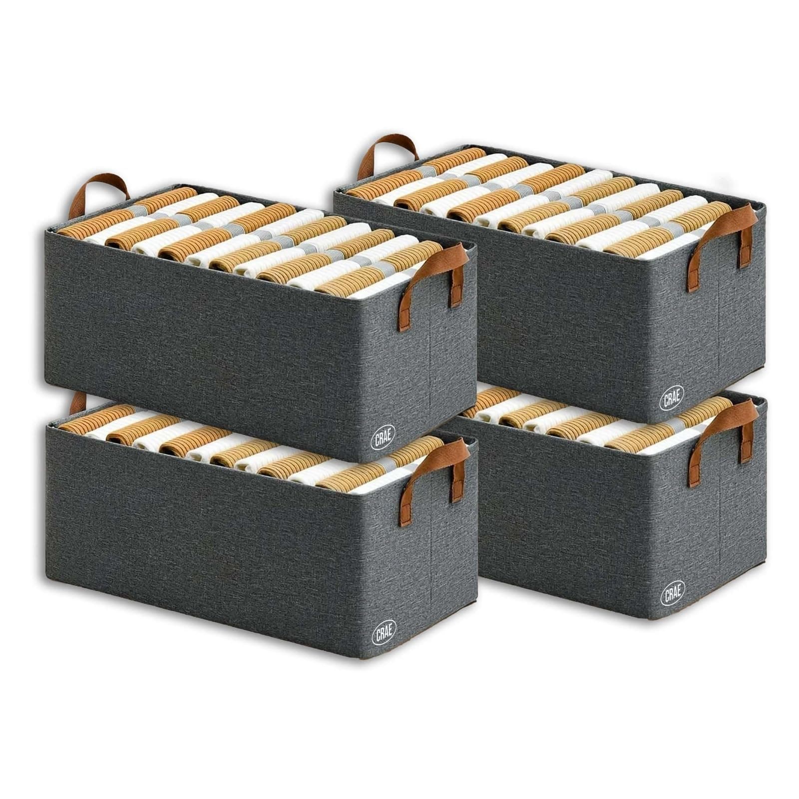 CRAE Pack of 4 Storage Baskets (46L x 27W x 19H CM) Non-Woven Foldable Wardrobe Organizer with Metal Frame Rectangle, Storage Box with Handles for Clothes, Books, Toys, Blankets & Closet Use.