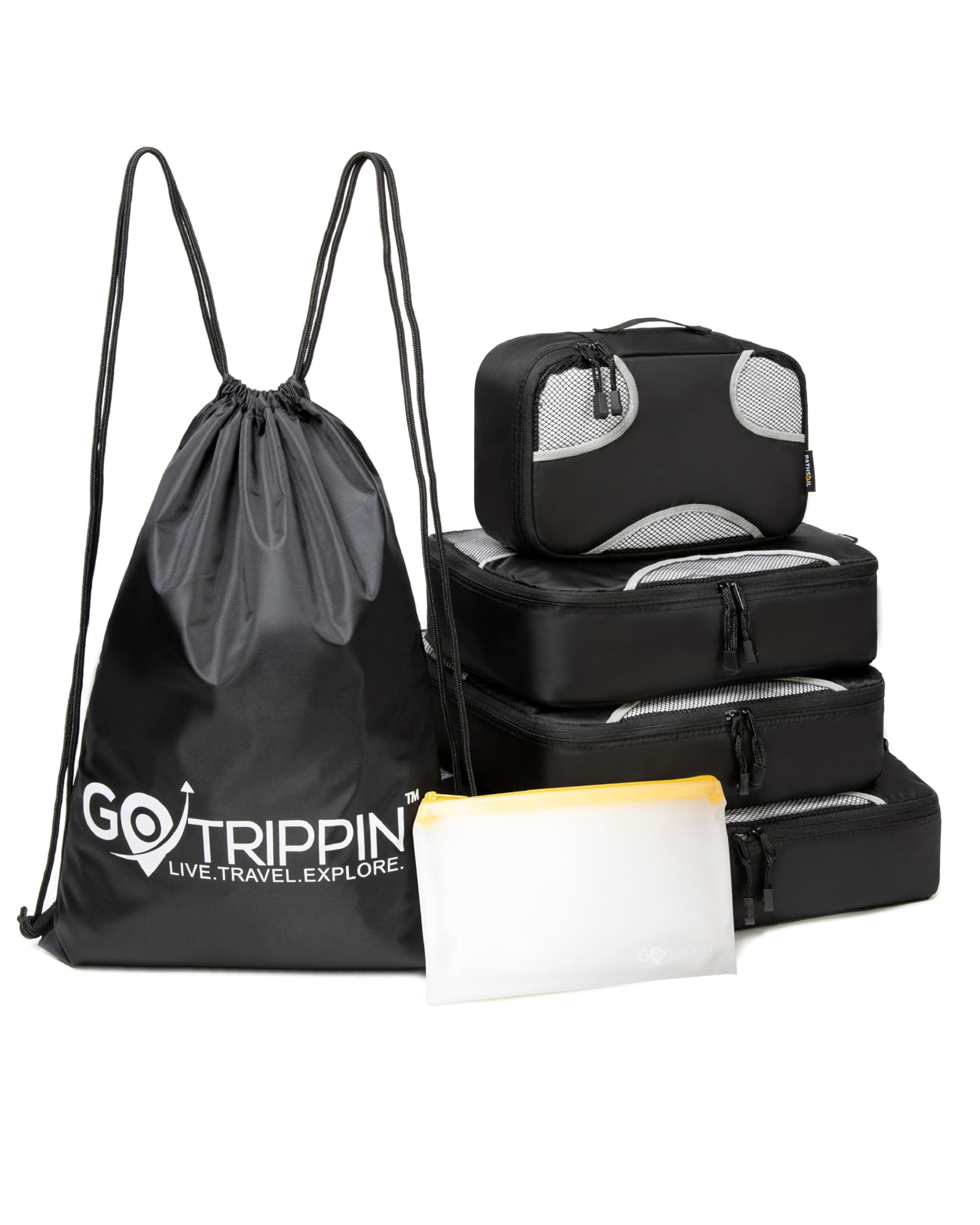 GoTrippin Polyester Packing Cubes for Travel 6 in 1 Water Resistant Travel Organizer Pouch Set (4 Cubes+ Drawstring Bag+ Cosmetic Pouch) Luggage Suitcase Wardrobe Organiser Bags Black