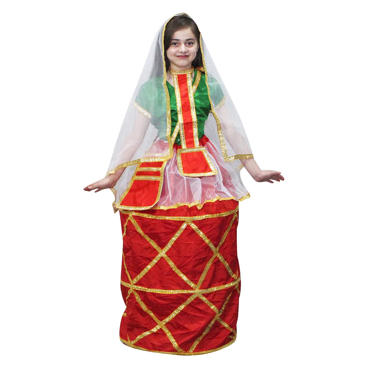 Kaku Fancy Dresses Polyester Indian State Manipuri Folk Dance Costume - Red & Green, For Girls 10-11 Years