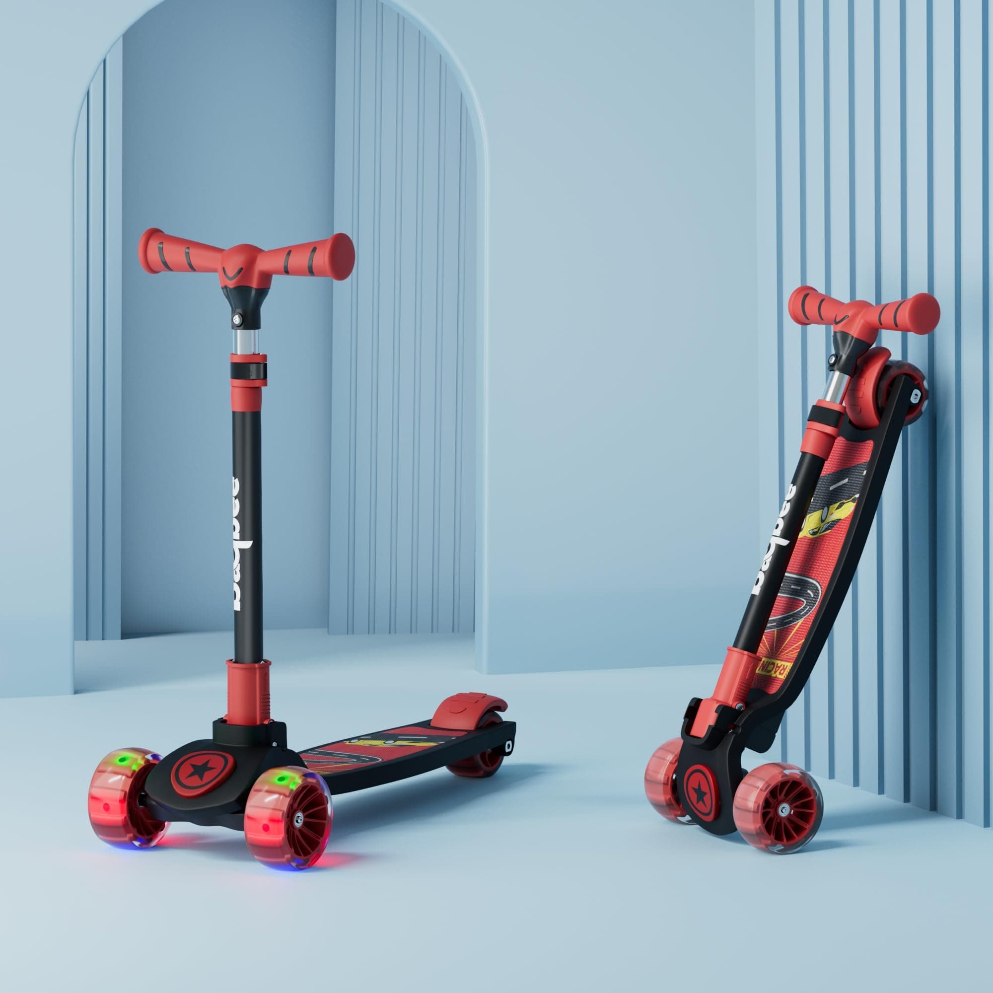 Baybee Kitty Kick Scooter for Kids | Foldable 3 Wheel Kid Scooter with 4 Height Adjustable Handle & Brake | Skate Scooters with LED PU Wheels | Runner Scooters for Kids 3 to 10 Years Boys Girls (Red)