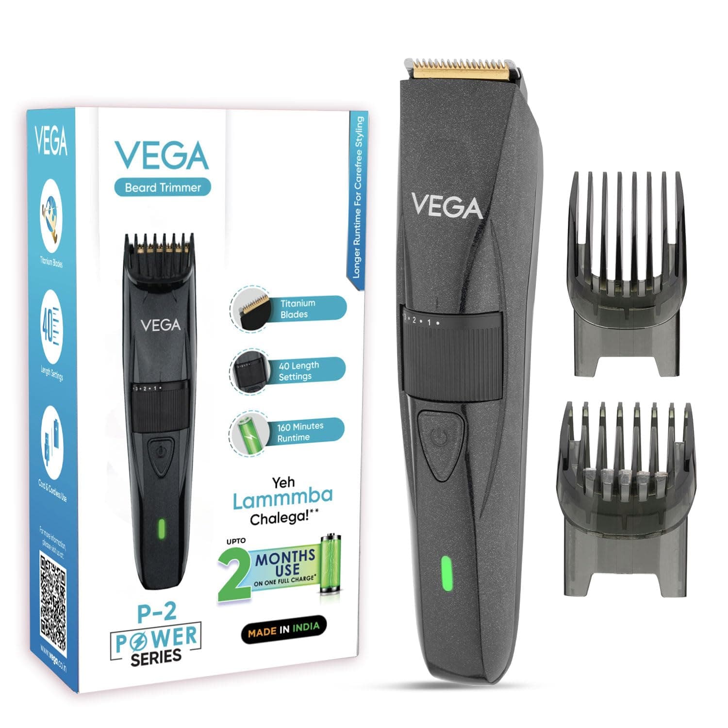 Vega P-2 Beard Trimmer for Men | Titanium Blades | 40 Length Settings | 160 Min Runtime | 2 Comb Attachment | Cord & Cordless Use | Type-C Fast Charging | Battery Powered | (Power Series P2, VHTH-26)