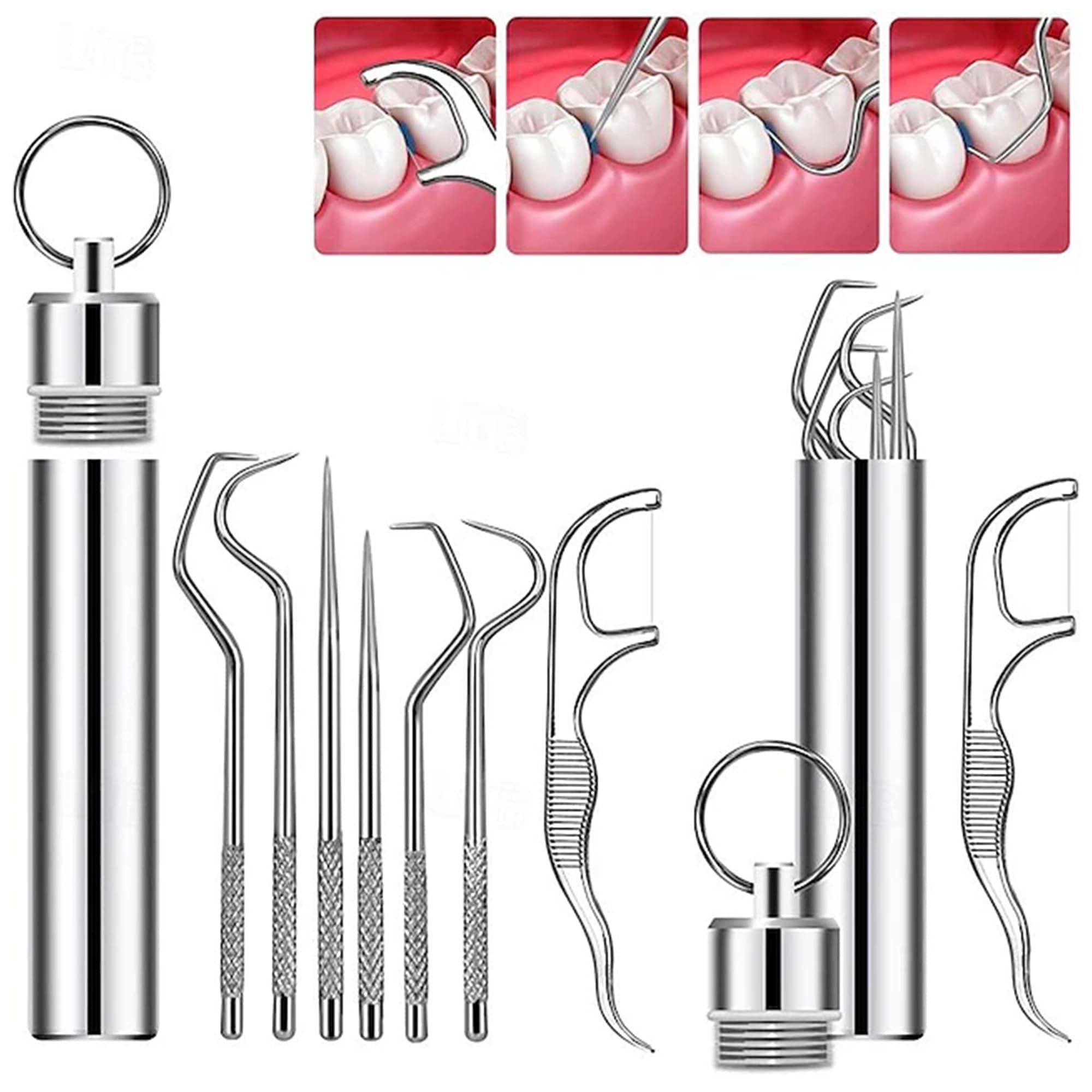 Bonzella® 7 pcs Teeth Cleaner Stick Dental Floss Toothpicks Set with Aluminum Tube, Reusable Tooth Cleaning Teeth Braces Cleaner for Outdoor Camping Traveling