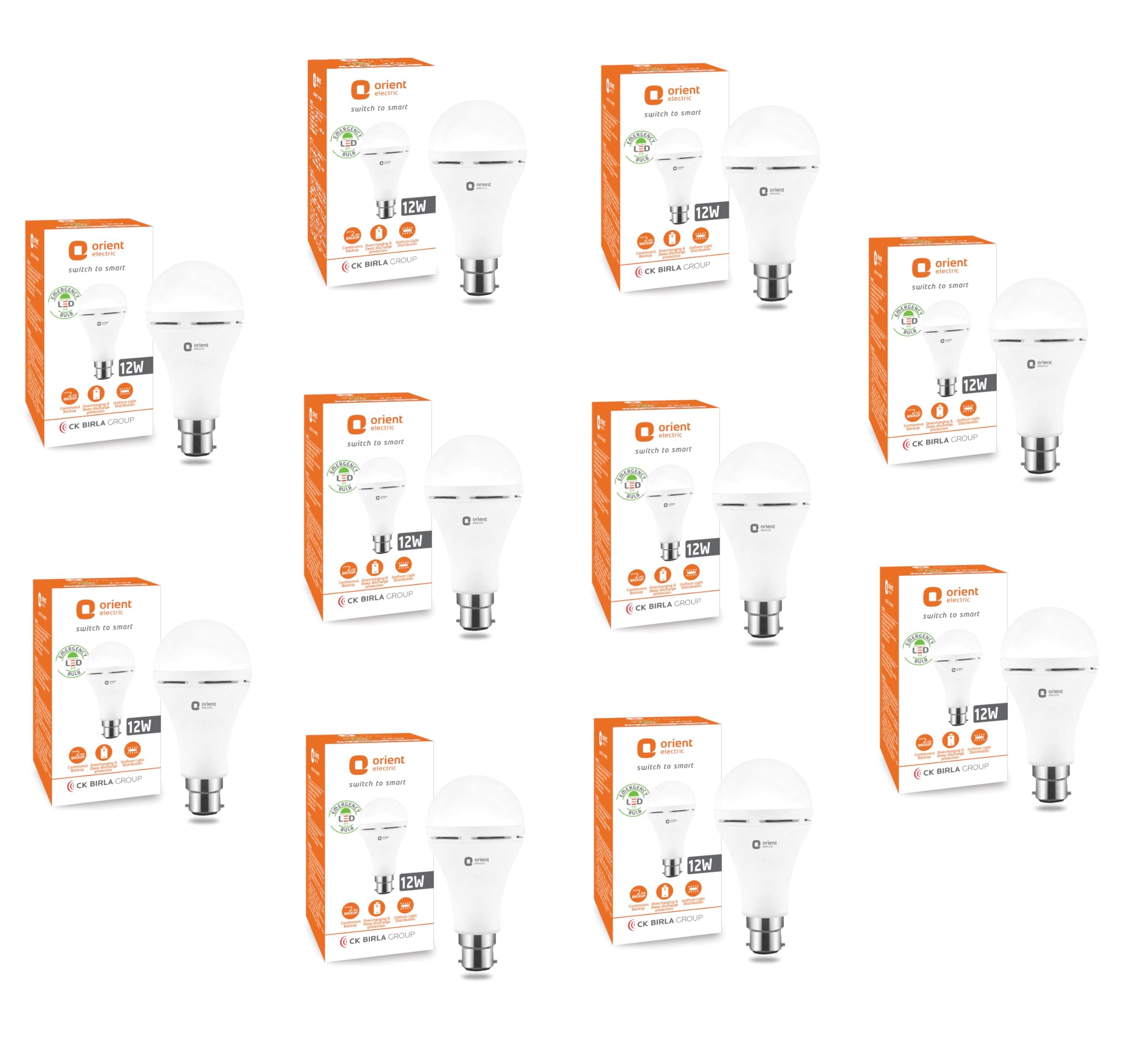 Orient Electric 12W Rechargeable Emergency LED bulb| Inverter Bulb for home with 2 hours battery backup| Up to 4 kV surge protection| 6500K, Cool White, B22d base| Over charging Protection| Pack of 10