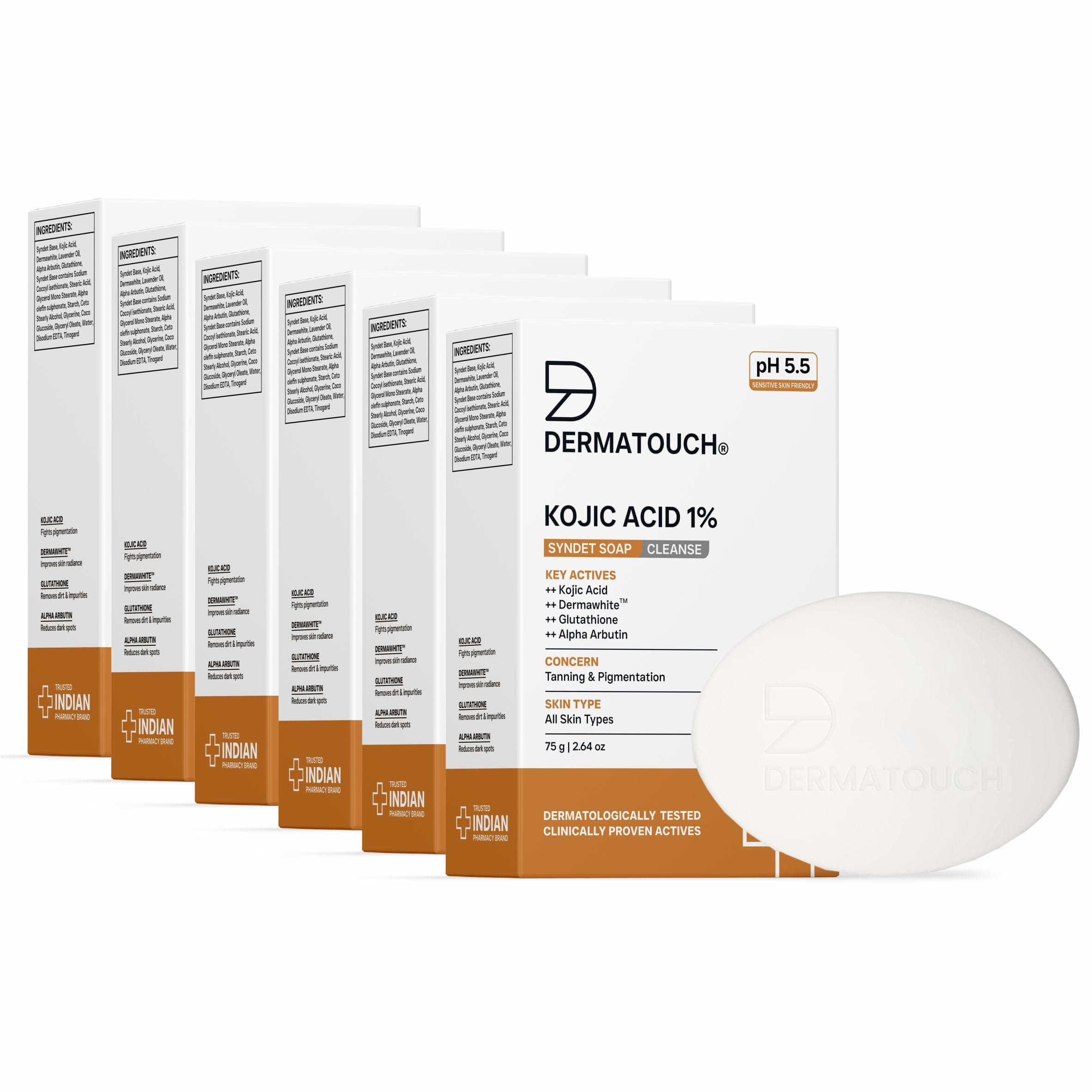 DERMATOUCH Kojic Acid 1% Soap with Glutathione | For Pigmentation & Sun damage | Soap for Men & Women | Suitable for All Skin Types | 75g (Pack of 6)