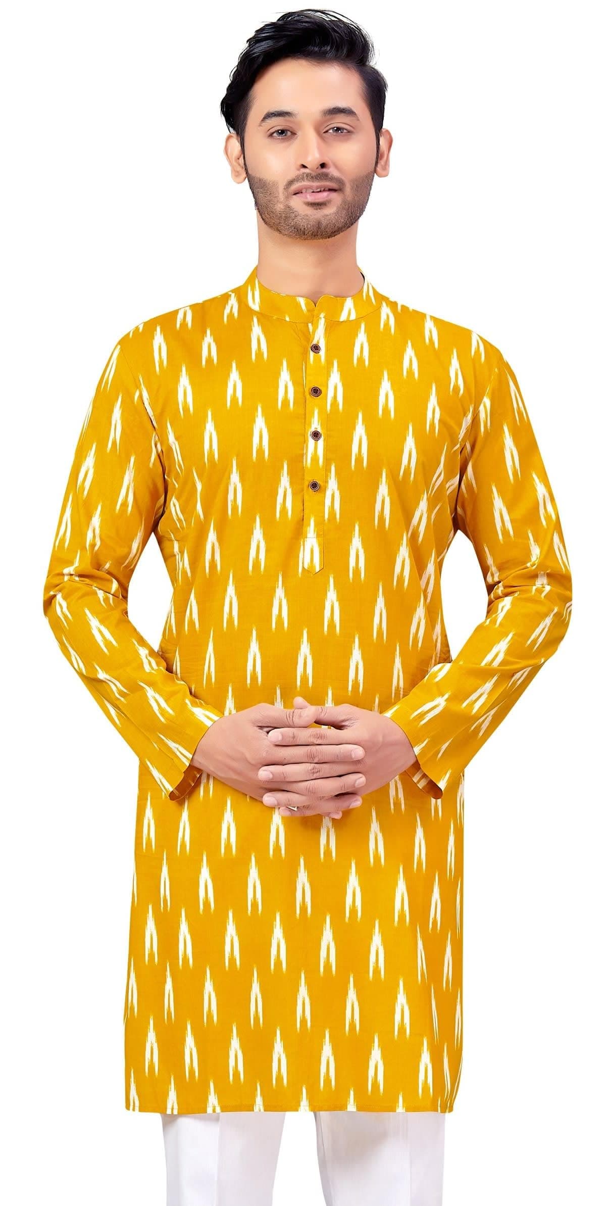 Studio Shringaar Men 100% Cotton Relaxed Fit Ikkat Block Printed Knee Length Kurta