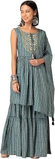 Indya Women Blue Printed Cotton Sharara With Geometric Print Short Kurta And Dupatta (Set of 3)