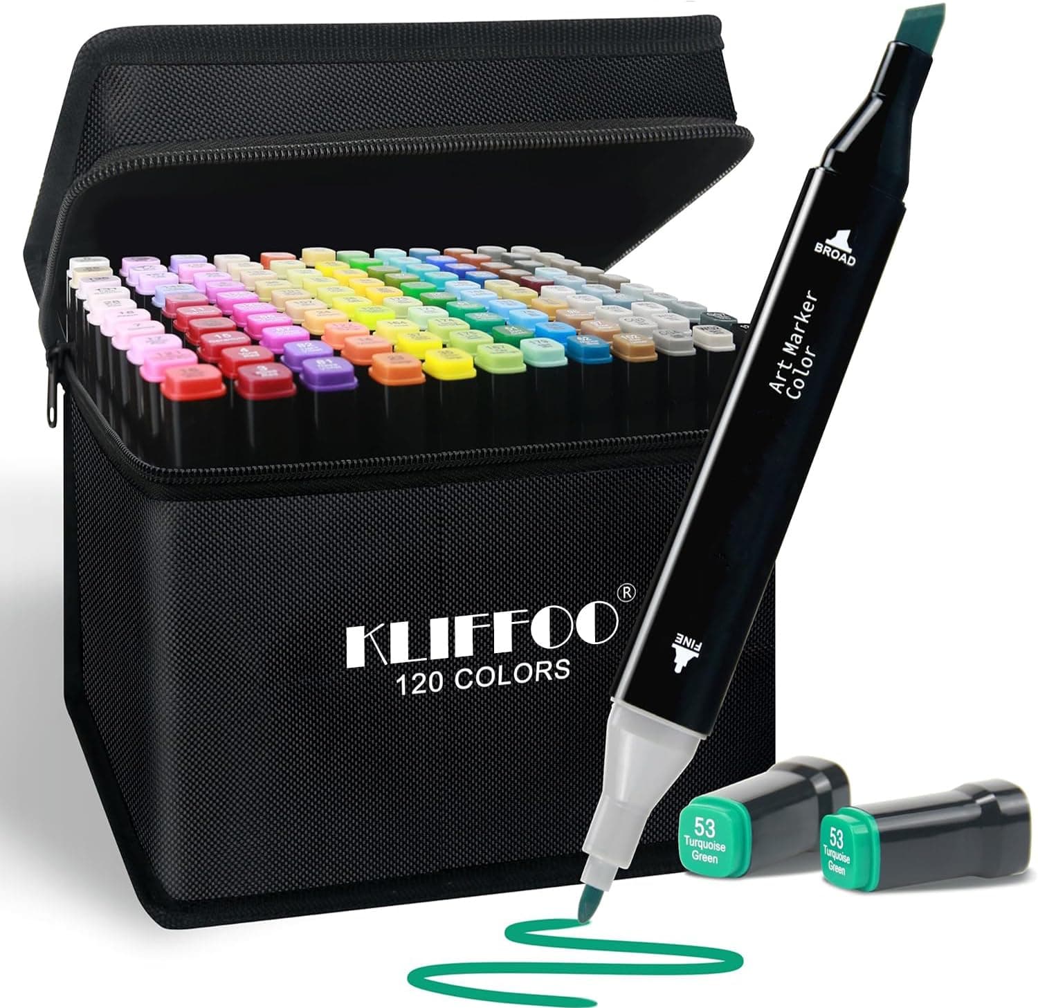 KLIFFOO 120 Colors Dual Tip Alcohol Markers Sketch Pens With Carrying Case For Painting Sketching Calligraphy Drawing, Chisel & Fine Tip Permanent Colouring Marker Pen For Kids Adult, Multicolor (120)