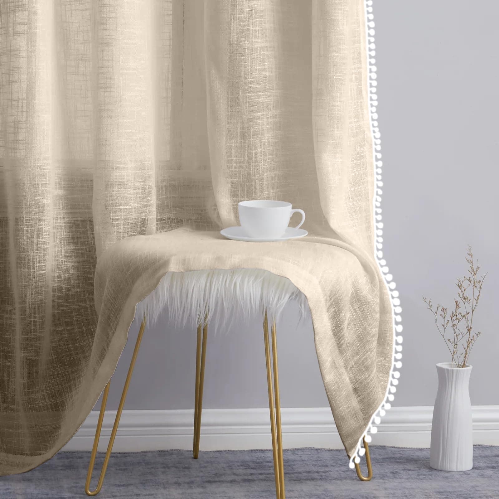 THE LINEN COMPANY Cotton Sheer Grommet Curtains with Side Border Pompom Sheer Curtain for Door Linen Textured, Light Filtering, Pack of 2 (Natural, 7 Feet)