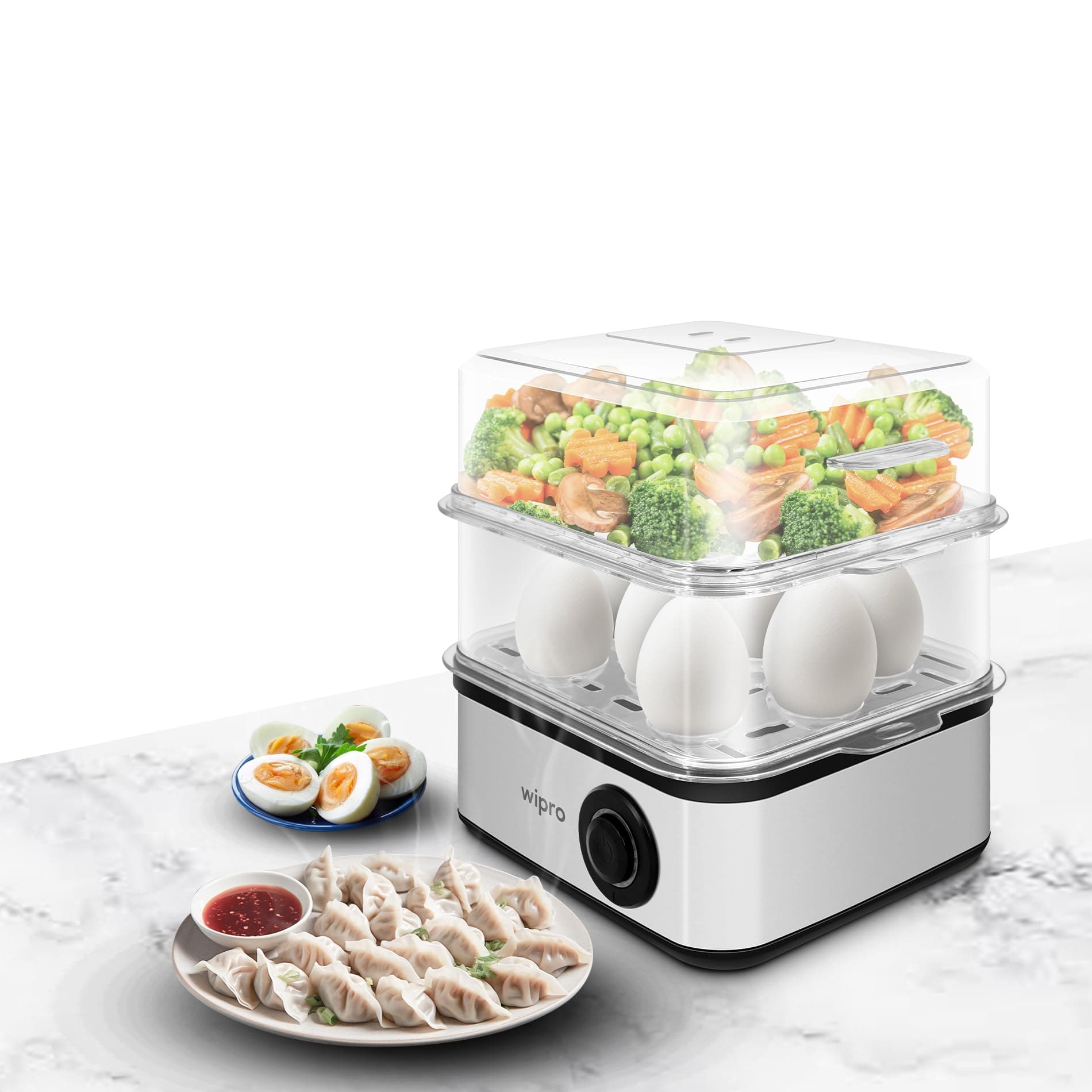 Wipro Elato BE201 4in1 Multicooker 500 Watt - Boils up to 16 Eggs, Steam Rice, Poach Eggs, Cook Vegetables - 3 Boiling Modes, Concurrent Cooking - 2 Year Warranty