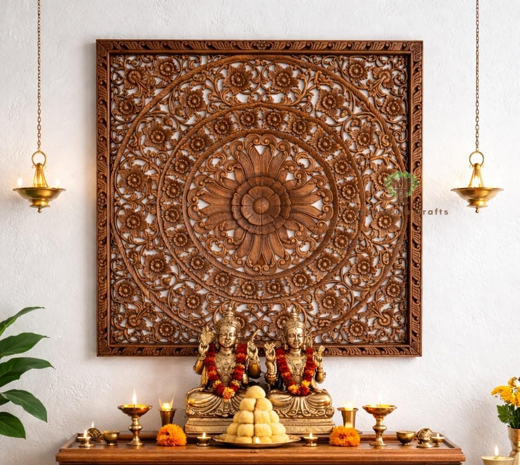 TreeHouse Crafts Hand Carved Wooden Wall Panel | Floral Mandala Design Wall Art | Solid Wood Decorative Wall Hanging | Traditional Indian Handicraft Wall Décor for Living Room, Bedroom, Hall, Office & Puja Room (Classic Carved)