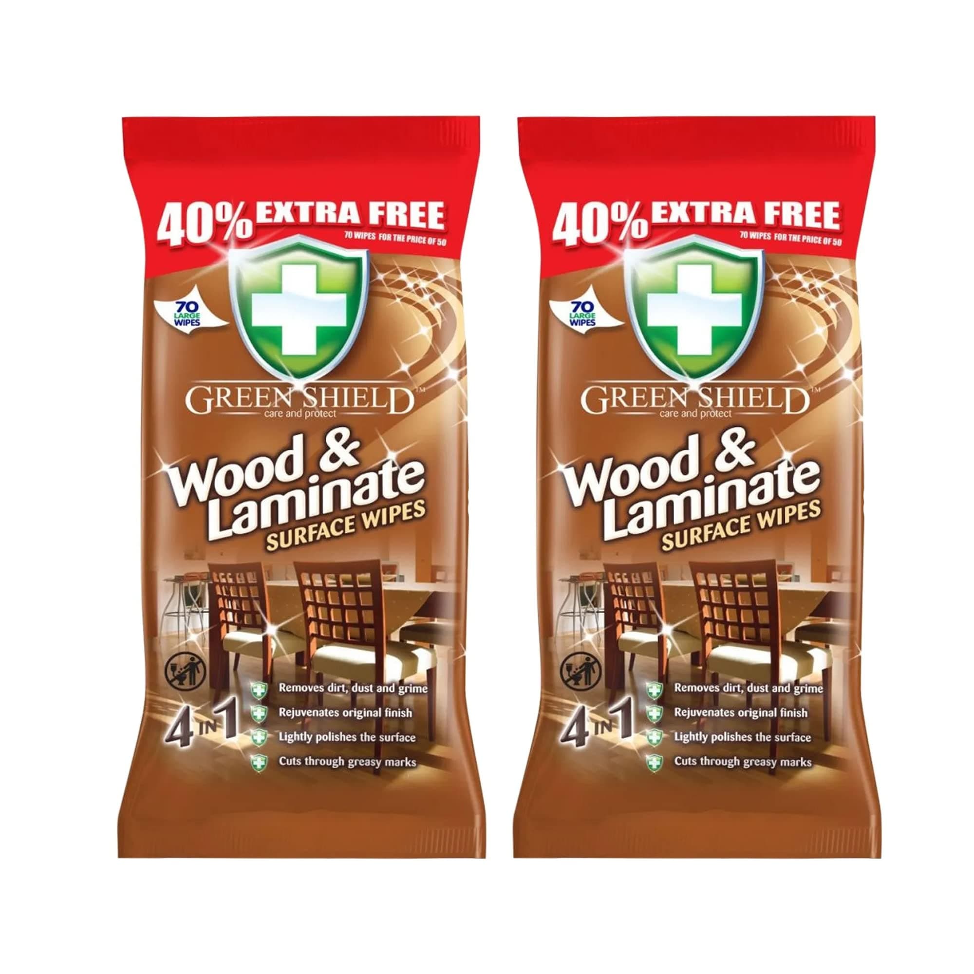 Greenshield Wood and Laminate Surface Wipes 70's Pack of 2