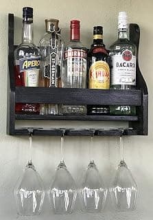 Wood Wine Rack - Wall Mounted - 4/8 Glasses and Bottles Holder | Mini Bar Cabinet for Home with Wine Glass Holder |