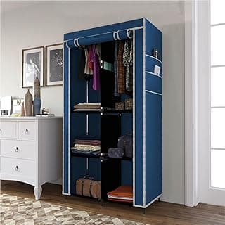 GTC® Collapsible Wardrobe Closet for Clothes Almira, 2 Hanging Space, 6 Shelves, 1 Side Pocket Non-Woven Fabric 7700-3 (Blue)