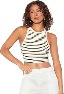 Aahwan Women's & Girl's 100% Polyester Black Slim Fit Striped Crop Racerback Tank Top
