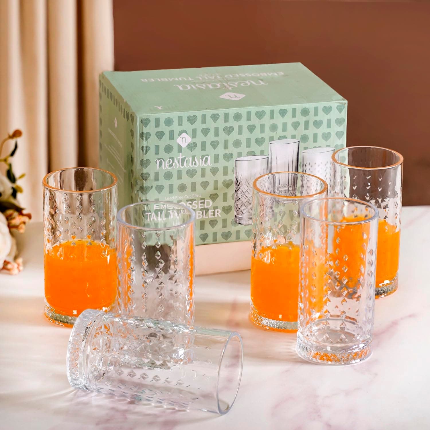 Nestasia Set of 6 Glasses (466ml) | Elegant Diamond Texture, Tall & Sturdy Design, Durable, Dishwasher & Microwave Safe – Perfect for Cocktails, Juices, Iced Teas & Sodas