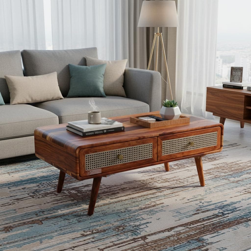 DRIFTINGWOOD Amber Mid-Century Modern Solid Sheesham Wood Coffee Table - Wooden Center Table for Living Room with 2 Rattan Storage Drawers, Honey Finish