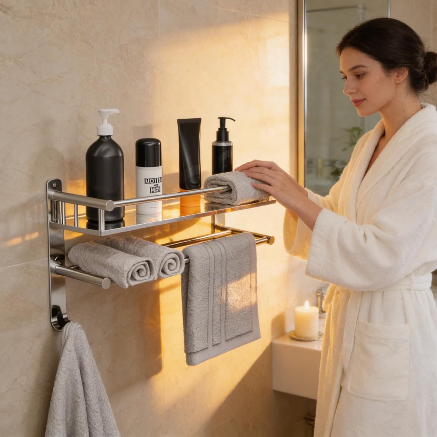 Well Set Stainless Steel Bathroom Shelf Single Layer | Wall Mount Shampoo & Bottle Holder | Multipurpose Storage Rack | Step Design | Medium Size | 40D x 40W x 5H cm