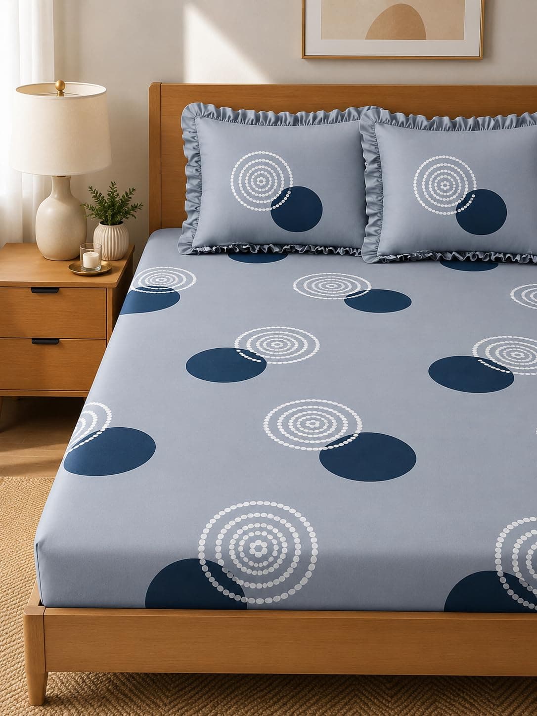 Homivya King Size Fitted Bedsheet with 2 Frill Pillow Covers | 300 TC Soft Cotton Feel Microfiber Elastic Bedsheet for Double Bed | Wrinkle Free & Breathable | Fits 72x78 Inch Mattress | GrayGolaFrill