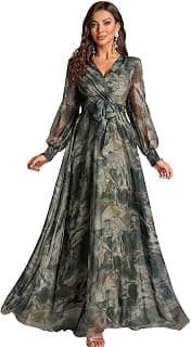 LITZO Dress for Women || Women’s Printed Wrap Maxi Gown || V‑Neck Long Sleeve Belted Flowy Dress for Parties, Weddings & Evening Events || Lightweight Sheer Layer Western Outfit (T-L-14-16)