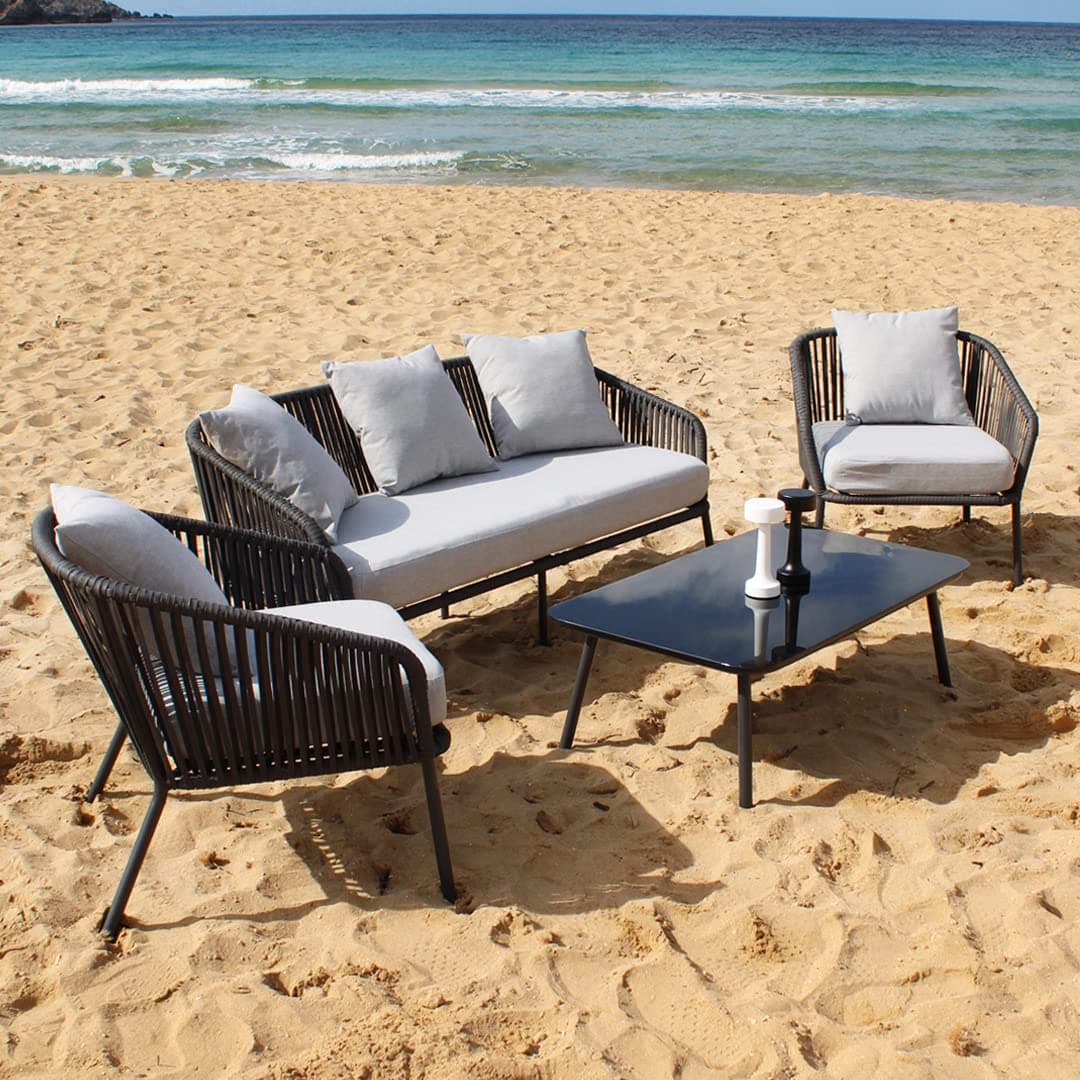 DEVOKO Outdoor Furniture Collection Bistro Set with Cushion 4-Piece Rope Patio Backyard Living Set with Center Table for Garden/Balcony.(Black and Grey Color)