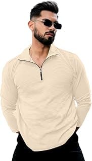 KAJARU Men's Quarter Zip Pullover T-Shirt, Textured Ribbed Long Sleeve, Casual Mock Neck