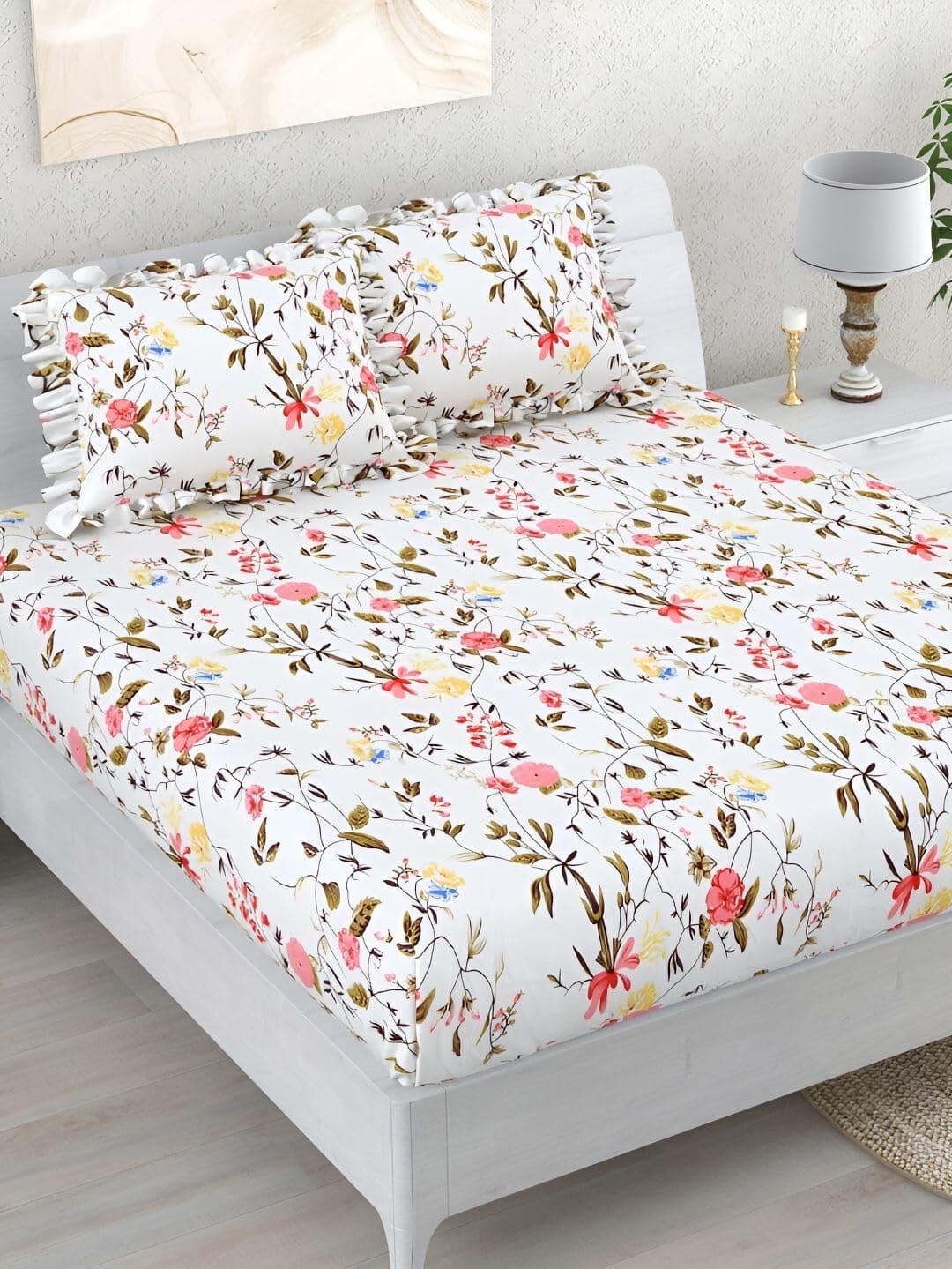 VOMZER Queen Size (60x78) 300 TC Soft Cotton Feel Microfiber All Around Elastic Fitted Double Bedsheet with 2 Frill Pillow Covers | White Leaf