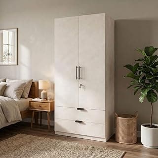 FFO Keris 2 Door Wooden Wardrobe with 2 Drawers, Hanging Rod & Storage Shelves | Modern Clothes Almirah Cabinet with Lock & Black Handles for Home White DIY.