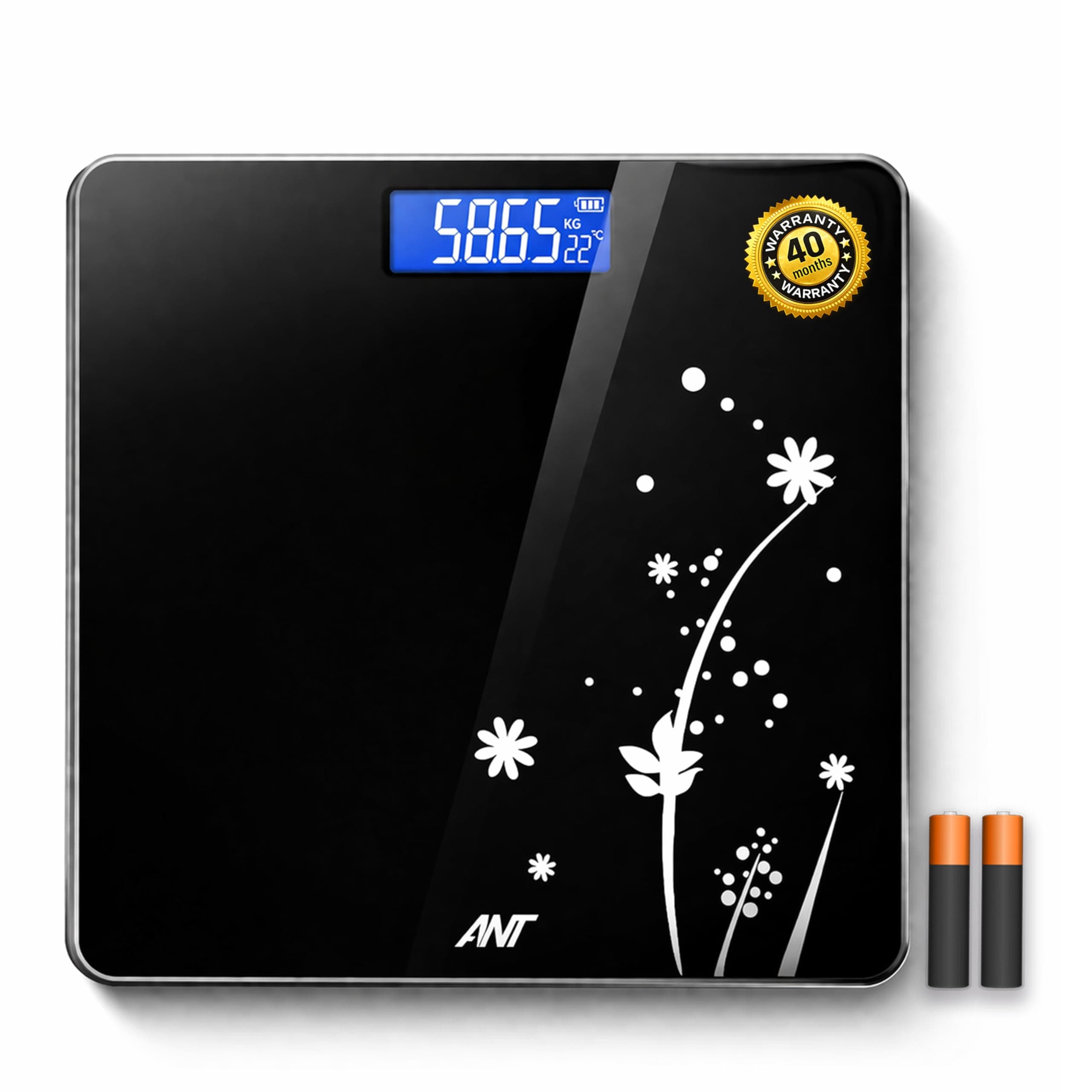 ANT Flora Bud Digital Weighing Scale for Body Weight | 180kg Capacity | LCD Display | Highly Accurate | Tempered Glass Bathroom Body Scale | 40 Months Warranty | Battery Included