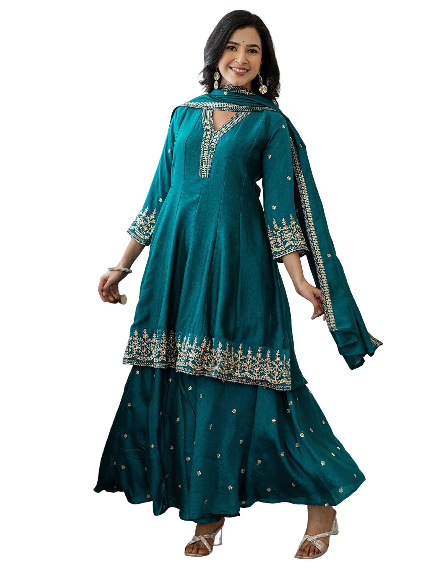 SIRIL Women's Rayon Viscose Sequence Embroidery Anarkali Kurta with Flared Plazzo & Dupatta