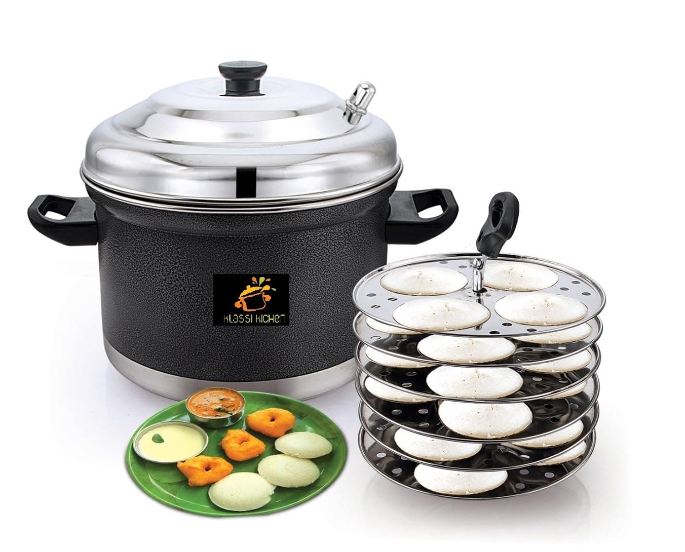 Klassi Kichen Stainless Steel Idli Cooker with 6 Plates | Heavy Duty Idli Maker with Bakelite Handle | Gas Stove & Induction Compatible | Steamer for Idli, Dhokla & Modak | Kitchen Cooking Accessories