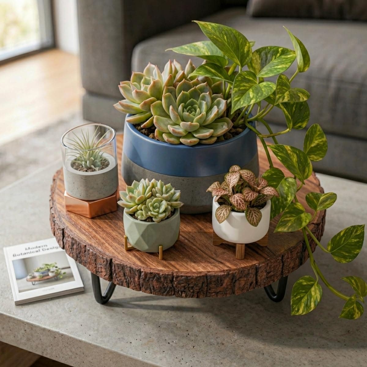 IREKA HOMES Vriksha Acacia Wood Trivet & Display Riser Table | 10.25 Inch Hot Pot Stand with Iron Feet | Heat Resistant Plant Stand, Kitchen/Bathroom Organizer & Cosmetic Shelf | Brown