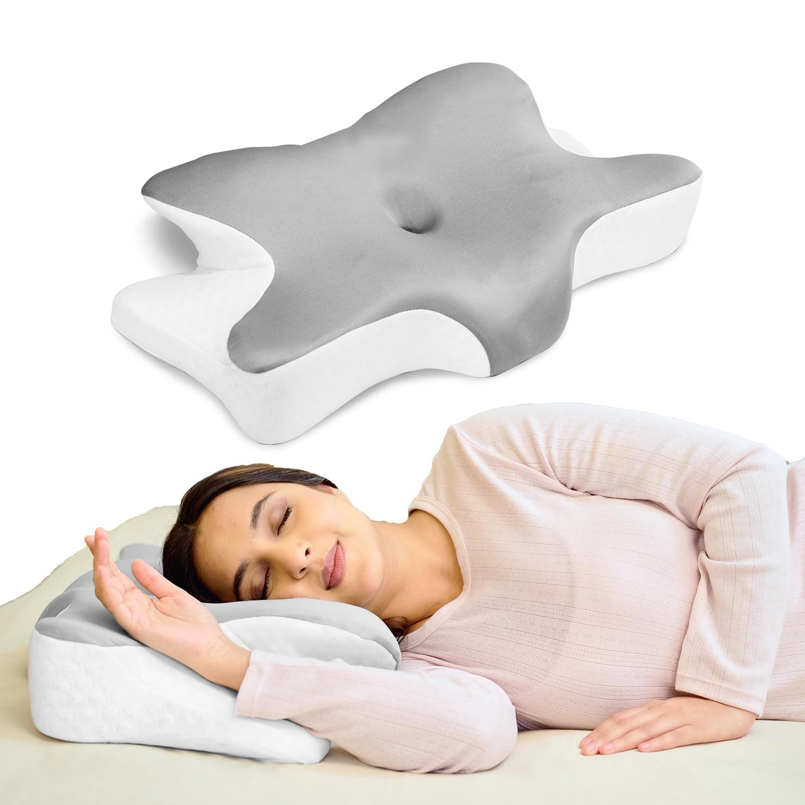 WELLGIVER Cervical Butterfly Pillow | Orthopedic Memory Foam for Neck & Shoulder Pain | Ergonomic Contour Design | Dual Height Support | Side Sleeper Pillow with Arm Rest - Pack of 1