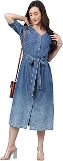 Janasya Women's Denim Solid Straight Western Dress