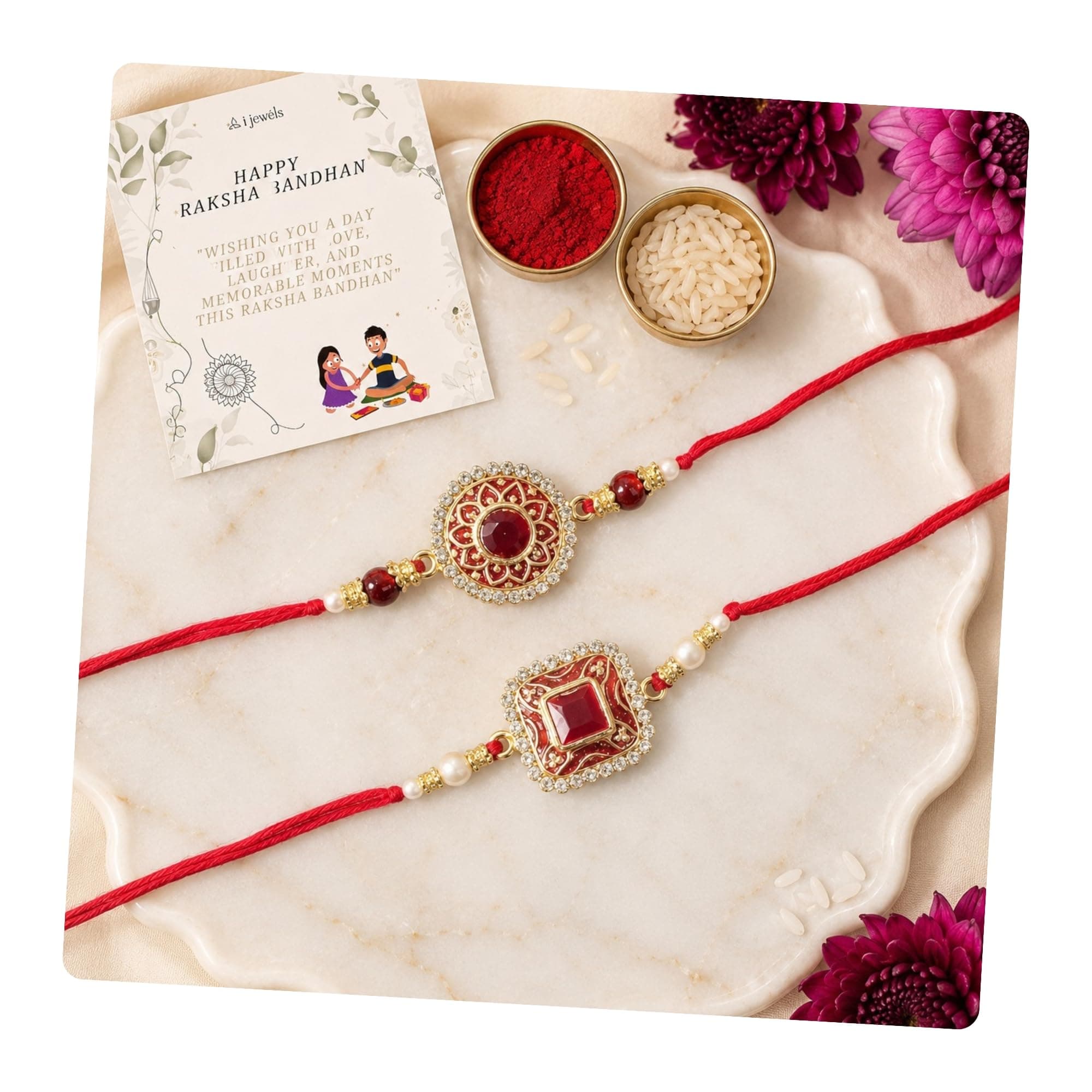 I Jewels Pearl & Kundan Designer Bhaiya Rakhi With Roli Chawal & Rakshabandhan Card for Bro/Brother/Bhai(Pack Of 2)